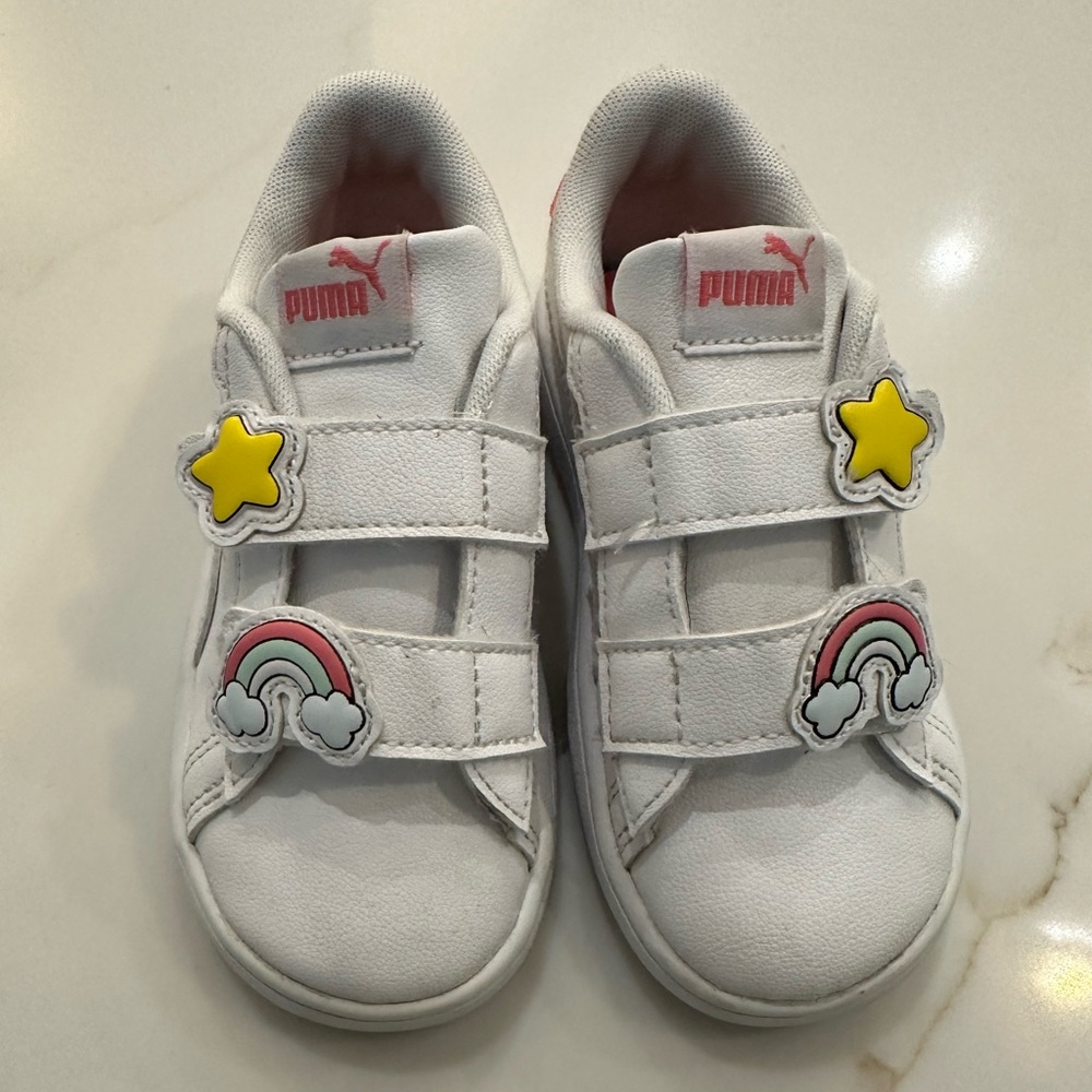 Puma Kids White Sneakers with Yellow Stars and Pink Rainbows